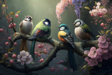 Experience the mystical wonder of small Chinese birds perched on branches among glowing, magical blossoms in an enchanted garden.の素材