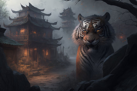 This captivating image features a fierce Chinese tiger guarding a Pagoda temple on a foggy evening, illuminated by glowing lights.の素材