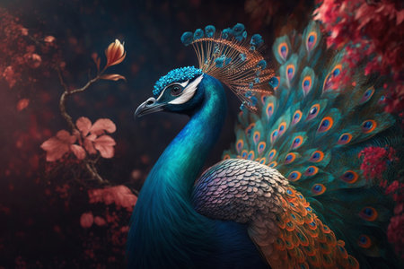 Experience the enchantment of a majestic Chinese peacock in a magical garden of vibrant blossomsの素材