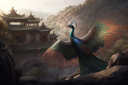 A stunning Chinese peacock poses in front of a majestic temple, exuding an air of mystery and enchantment.の素材