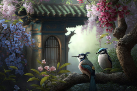 Experience the mystical wonder of small Chinese birds perched on branches among glowing, magical blossoms in an enchanted garden.の素材