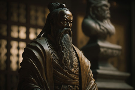 A statue of Confucius stands solemnly in a Chinese room adorned with traditional decorの素材