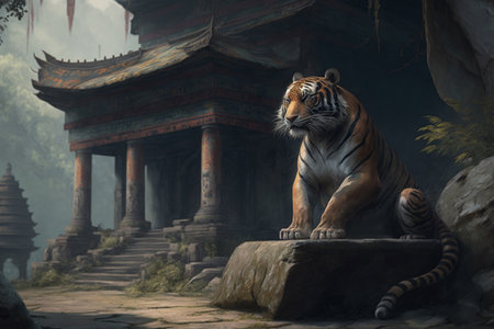 A magnificent tiger stands guard in front of a Chinese temple, exuding a mystical and magical auraの素材