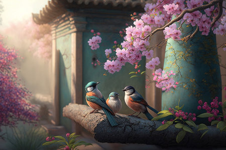 Experience the mystical wonder of small Chinese birds perched on branches among glowing, magical blossoms in an enchanted garden.の素材