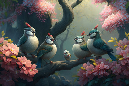 Experience the mystical wonder of small Chinese birds perched on branches among glowing, magical blossoms in an enchanted garden.の素材