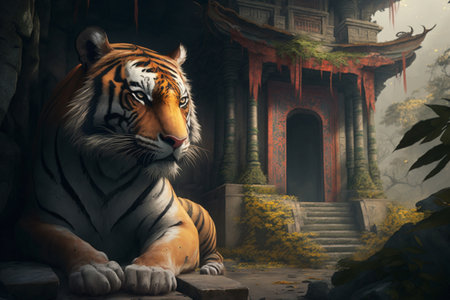 A magnificent tiger stands guard in front of a Chinese temple, exuding a mystical and magical auraの素材