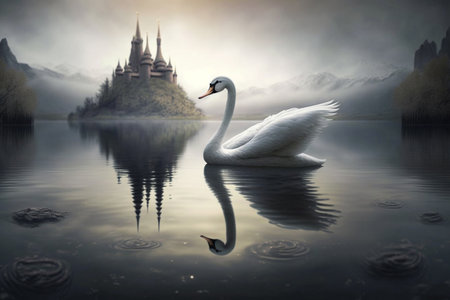 A serene and enchanting moment captured as a lone swan gracefully glides across a Chinese lake surrounded by a peaceful and magical landscape.の素材