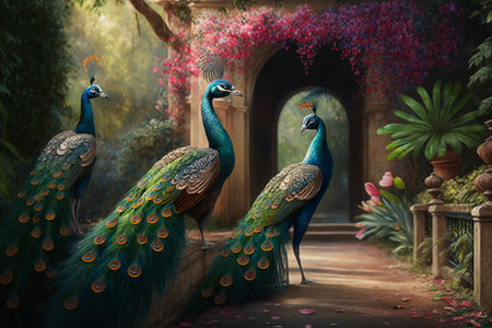 Experience the enchantment of a majestic Chinese peacock in a magical garden of vibrant blossomsの素材