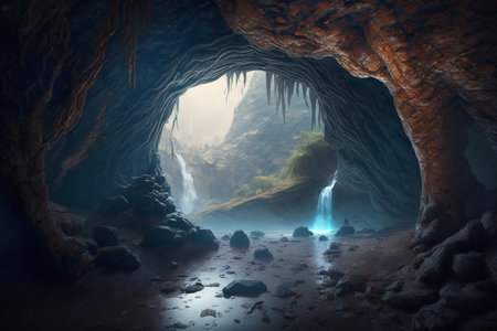 A mystical, magical and enchanting view from a cave with blue-glowing waterfalls and streams running through rocks.の素材