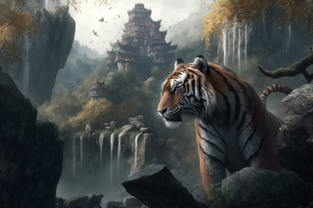 A magnificent tiger stands guard in front of a Chinese temple, exuding a mystical and magical auraの素材