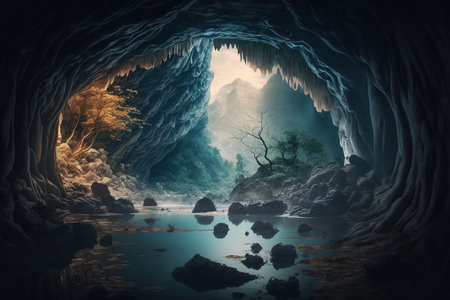 A mystical, magical and enchanting view from a cave with blue-glowing waterfalls and streams running through rocks.の素材