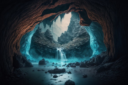 A mystical, magical and enchanting view from a cave with blue-glowing waterfalls and streams running through rocks.の素材