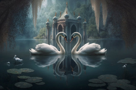A romantic moment captured as two swans create a heart shape on a Chinese lake with a dreamy island in the distance, surrounded by magical ambiance.の素材