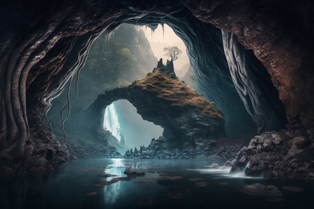 A mystical, magical and enchanting view from a cave with blue-glowing waterfalls and streams running through rocks.の素材