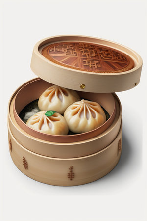 A mouth-watering image of traditional Chinese dim sum, steaming and ready to eat, against a clean white background.の素材