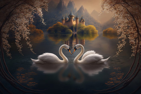 A romantic moment captured as two swans create a heart shape on a Chinese lake with a dreamy island in the distance, surrounded by magical ambiance.の素材
