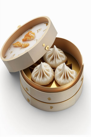 A mouth-watering image of traditional Chinese dim sum, steaming and ready to eat, against a clean white background.の素材