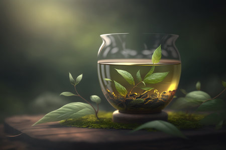 Enjoy a moment of tranquility with a glass of green tea in a beautiful settingの素材