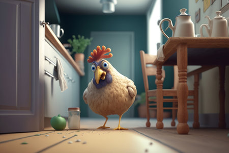 A funny chicken standing alone in a quaint countryside kitchen, maybe contemplating life or waiting for a snackの素材
