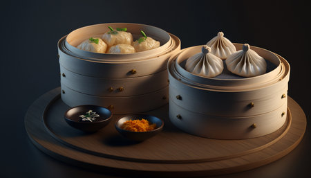 Mouthwatering dim sum on a dark background, perfect for food lovers and food bloggers.の素材