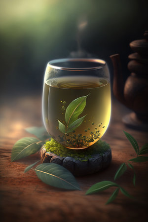 Enjoy a moment of tranquility with a glass of green tea in a beautiful settingの素材