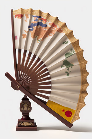 A traditional Chinese fan, known as a 'shan', isolated on a plain white background. The fan is typically made of bamboo or paper and is often adorned with intricate designs or calligraphyの素材