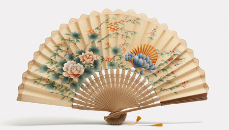 A traditional Chinese fan, known as a 'shan', isolated on a plain white background. The fan is typically made of bamboo or paper and is often adorned with intricate designs or calligraphyの素材
