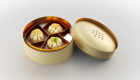 A mouth-watering image of traditional Chinese dim sum, steaming and ready to eat, against a clean white background.の素材