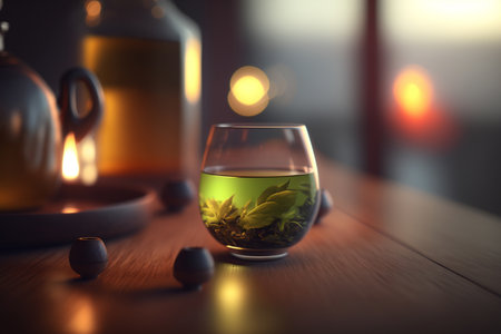Enjoy a moment of tranquility with a glass of green tea in a beautiful settingの素材