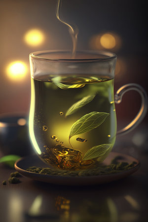 Enjoy a moment of tranquility with a glass of green tea in a beautiful settingの素材