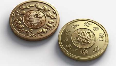 A striking image of traditional Chinese fortune coins, believed to bring good luck and prosperity, featured against a clean white background for maximum visual impact.の素材