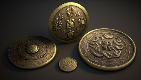 A close-up view of the traditional Chinese lucky coins, thought to bring good luck and prosperity, featuring intricate designs and symbols of fortune.の素材