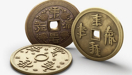 A striking image of traditional Chinese fortune coins, believed to bring good luck and prosperity, featured against a clean white background for maximum visual impact.の素材