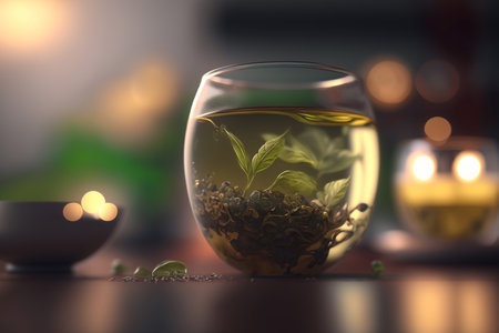 Enjoy a moment of tranquility with a glass of green tea in a beautiful settingの素材