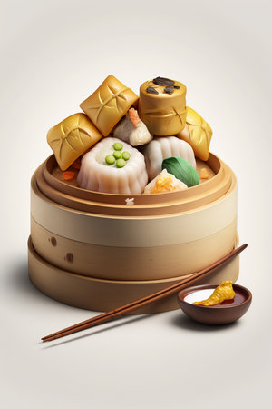 A mouth-watering image of traditional Chinese dim sum, steaming and ready to eat, against a clean white background.の素材