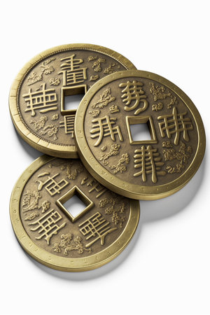 A striking image of traditional Chinese fortune coins, believed to bring good luck and prosperity, featured against a clean white background for maximum visual impact.の素材