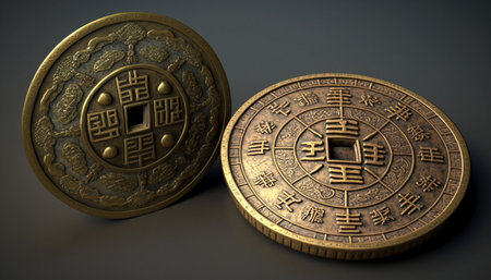 A close-up view of the traditional Chinese lucky coins, thought to bring good luck and prosperity, featuring intricate designs and symbols of fortune.の素材