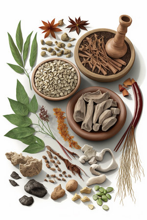 Explore the world of traditional Chinese medicine with these isolated herbs on white background, perfect for natural medicine and wellnessの素材