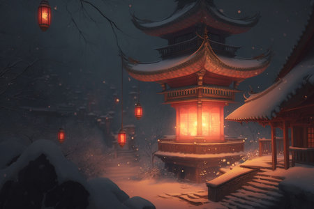 Magical lanterns create a mystical atmosphere in the night, shining brightly against the silhouette of a pagoda.の素材
