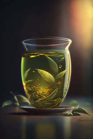 Enjoy a moment of tranquility with a glass of green tea in a beautiful settingの素材
