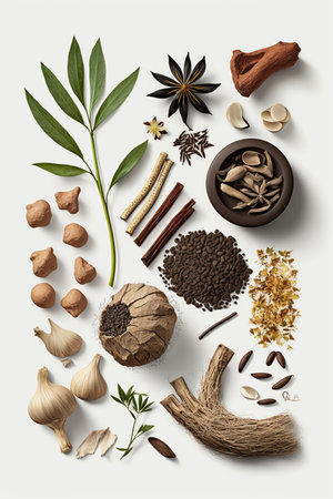 Explore the world of traditional Chinese medicine with these isolated herbs on white background, perfect for natural medicine and wellnessの素材