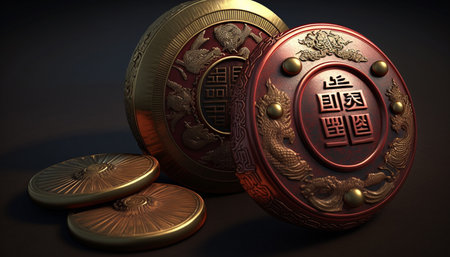 A close-up view of the traditional Chinese lucky coins, thought to bring good luck and prosperity, featuring intricate designs and symbols of fortune.の素材