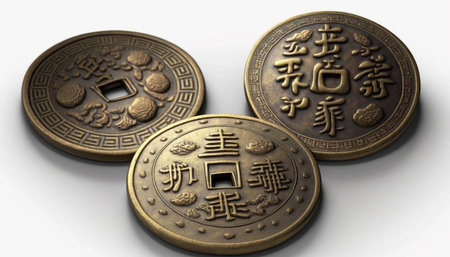 A striking image of traditional Chinese fortune coins, believed to bring good luck and prosperity, featured against a clean white background for maximum visual impact.の素材