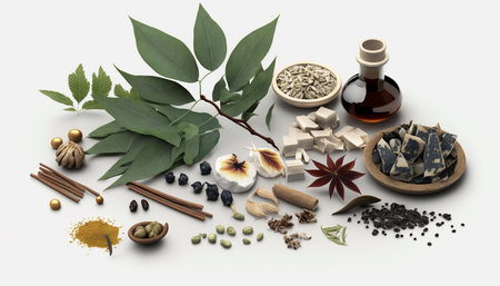 Explore the world of traditional Chinese medicine with these isolated herbs on white background, perfect for natural medicine and wellnessの素材