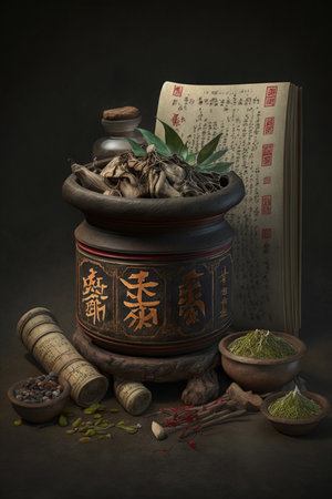 Experience the ancient wisdom of Chinese medicine through this display of natural healing herbs and remedies used for centuries to promote health and wellbeingの素材