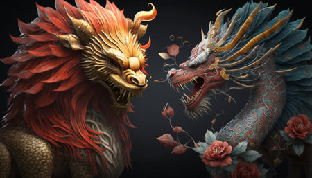 A dynamic performance of Chinese Dragon and Lion dance featuring intimate figures and intricate costumesの素材
