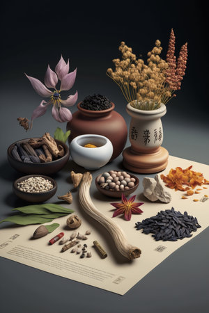 Experience the ancient wisdom of Chinese medicine through this display of natural healing herbs and remedies used for centuries to promote health and wellbeingの素材