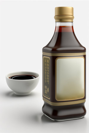 Close-up of a Chinese soy sauce bottle with reflection on a white backgroundの素材