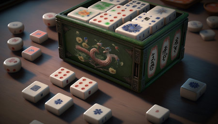 Experience traditional Chinese culture with this colorful mahjong set, complete with tiles, dice and counters, perfect for family gatherings and game nightsの素材