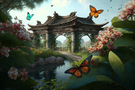 A dreamy Chinese garden with a magical bridge, water, and flowers where butterflies flutter around.の素材